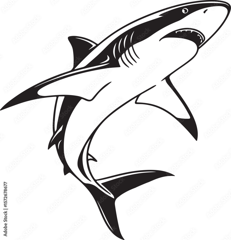 Fototapeta premium Stylized shark vector illustration, presenting a bold silhouette that captures the essence of the marine predator