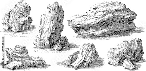 Vintage black and white engraving illustration of rock formations set for design concepts