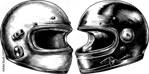 Vintage black and white engraving of motorcycle helmets - retro illustration for design projects