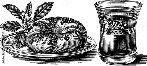 Vintage black and white engraving of pastry and ornate glassware for decorative purposes