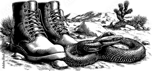 Vintage desert scene with snake and boots illustration - engraved artwork for retro design