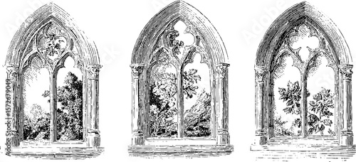 Vintage black and white gothic window engravings - set of three architectural illustrations