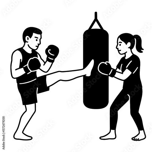 Martial Arts Training: Man and Woman Sparring with Punching Bag