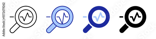 Data analysis icon. Magnifying glass review symbol. Monitoring, optimization and analytics vector illustration. Line chart with magnifier design.