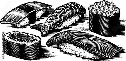 Black and white vintage sushi engraving illustration set for culinary design