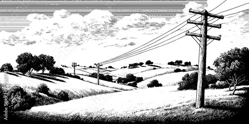 Vintage black and white rural landscape with telephone poles engraving