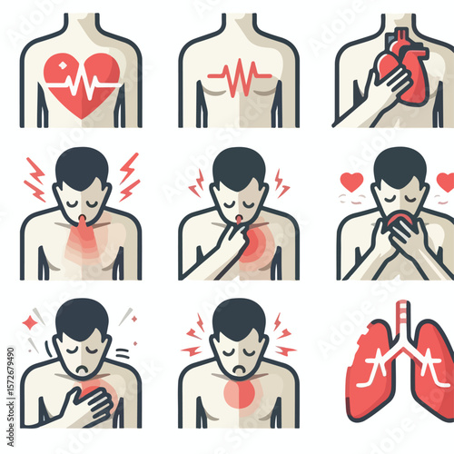 image of chest pain or shortness of breath with a simple and minimalist flat design using a white background