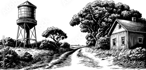 ustic countryside scene with water tower and cottage. Vintage black and white sketch illustration.