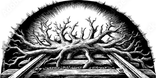 Intricate black and white engraving of tree roots and railway tracks - vintage illustration for design