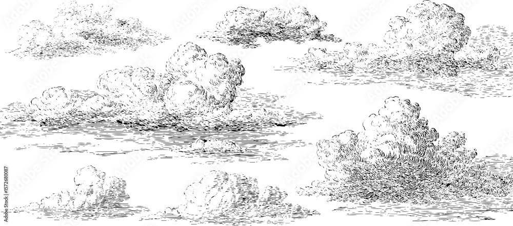 Fototapeta premium Vintage hand drawn cloud silhouettes for retro design and decor