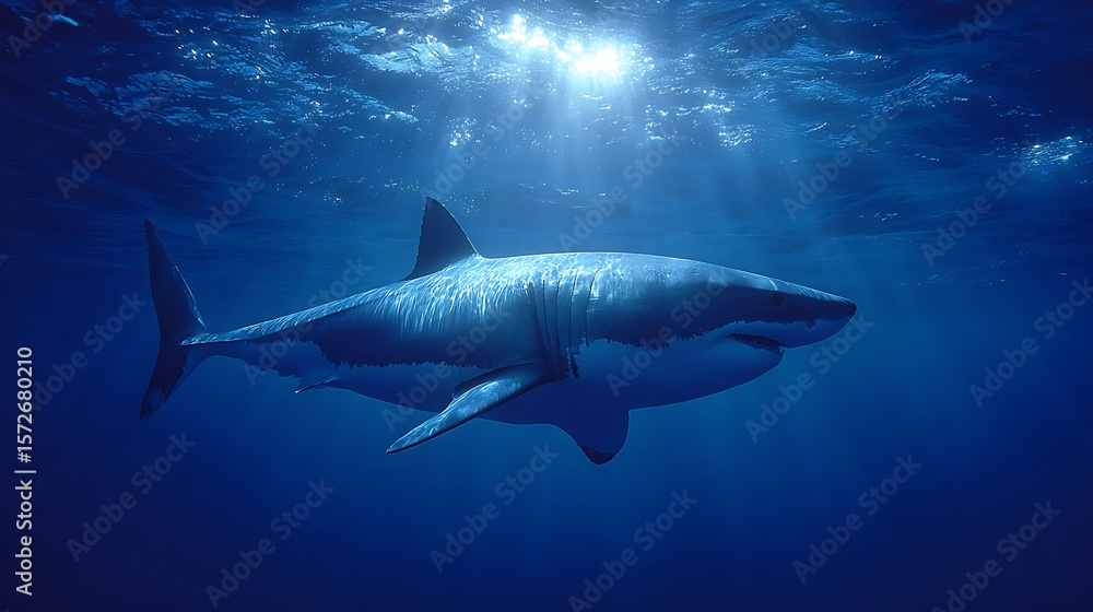 Fototapeta premium A Great White Shark Silhouetted Against the Sunlit Ocean