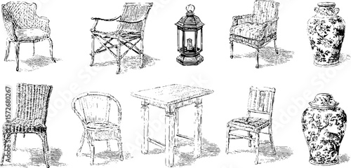 Vintage black and white engraving of antique furniture and decorative vases