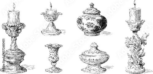 Vintage hand drawn engraving of decorative votive candle holders