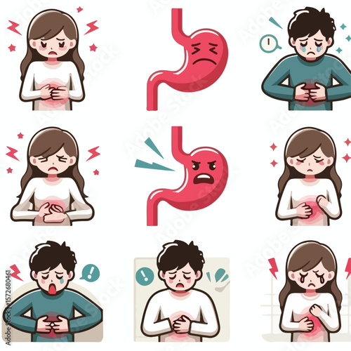 image of a patient complaining of stomach ache with a simple and minimalist flat design using a white background