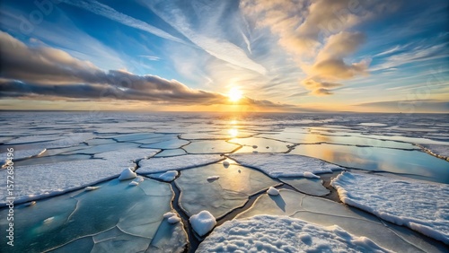 Photo of the sun dips below the horizon, casting a warm glow on a vast expanse of cracked sea ice, creating a mesmerizing reflection on the tranquil, icy waters