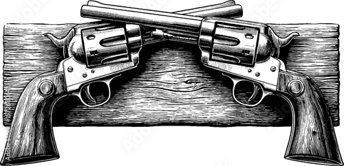 Vintage western revolvers on wooden plaque black and white hand drawn engraving illustration