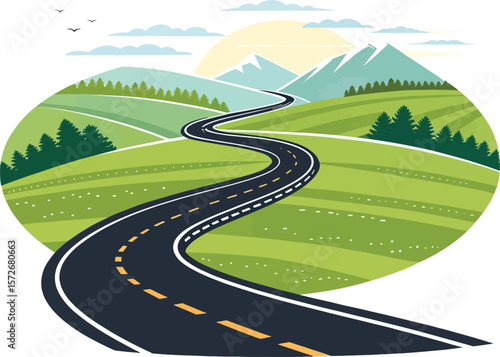 Curved Asphalt Road Winding Through Scenic Landscape