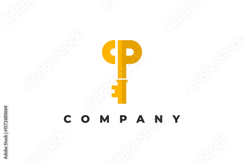 golden key letter p logo design