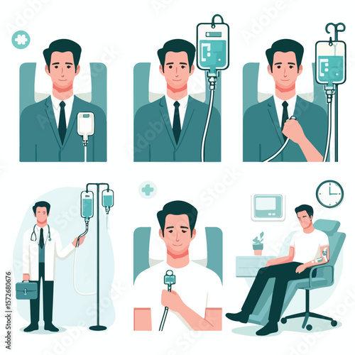image of a man with an IV drip in a hospital with a simple and minimalist flat design using a white background