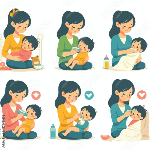image of a mother feeding a sick child with a simple and minimalist flat design using a white background