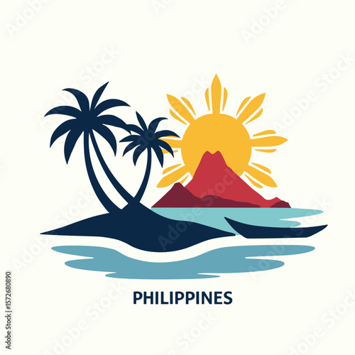 Philippines island vector with palm trees, volcano, boat and sun. Vibrant tropical scenery