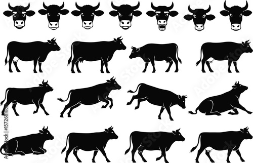 Collection of black cow silhouettes in various poses and expressions