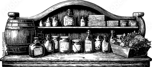 Vintage apothecary shelf with jars and bottles illustration for retro design and decor