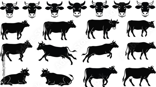 Collection of black silhouette cow icons and illustrations in various poses