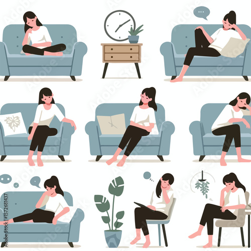 image of a person sitting listlessly on a sofa with a simple and minimalist flat design using a white background