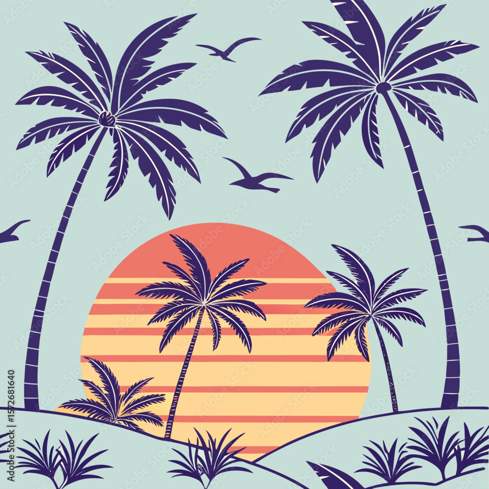 Obraz premium Retro Sunset Palm Tree Silhouette Tropical Beach Vacation Illustration