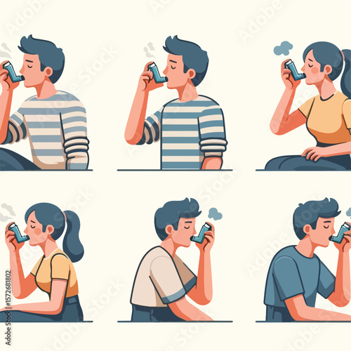 Image of an asthma sufferer using an inhaler with a simple and minimalist flat design using a white background