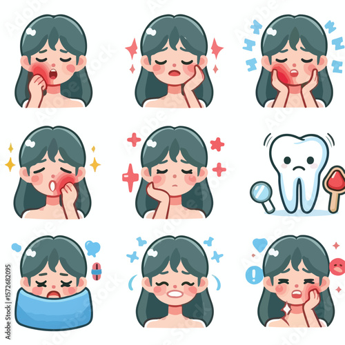 image of a toothache with a swollen cheek with a simple and minimalist flat design using a white background