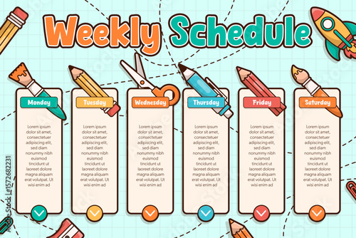 Back to school weekly schedule vector template with school elements and items