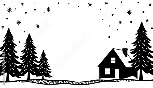Silhouette of house and trees with snowflakes, winter holiday scene copyspace
