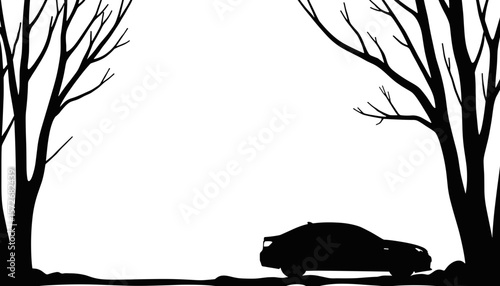 Silhouette of car in winter landscape with trees, urban seasonal scene