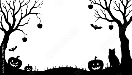 Silhouette Halloween frame with apple bobbing setup, festive decoration copyspace