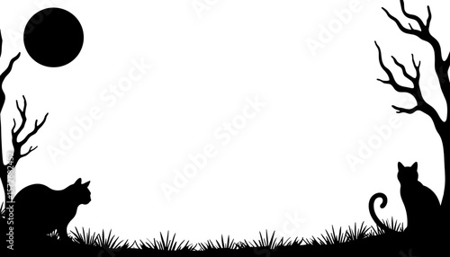 Halloween silhouette frame with cat and full moon, spooky decoration copyspace