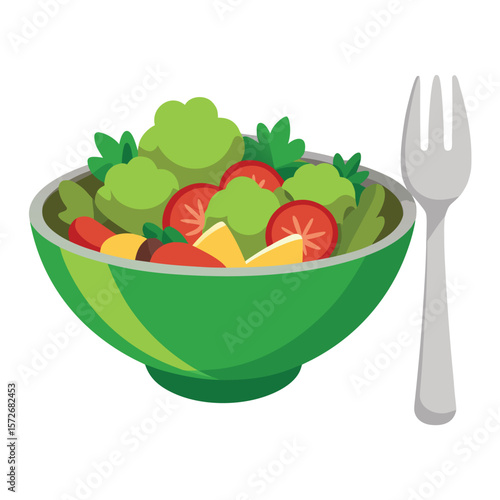 A colorful bowl of salad with a fork, symbolizing a healthy diet, fresh food, and a nutritious meal.