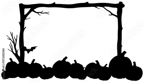 Halloween pumpkin frame silhouette with bat, festive border for autumn celebration