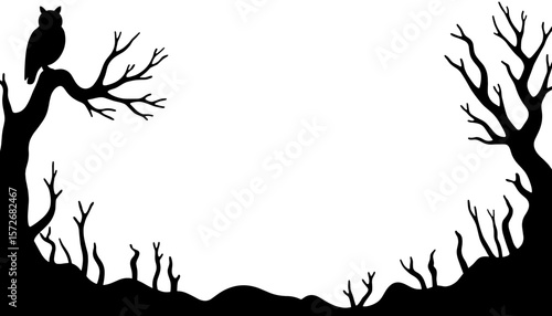 Halloween owl silhouette on tree branch, spooky forest border design