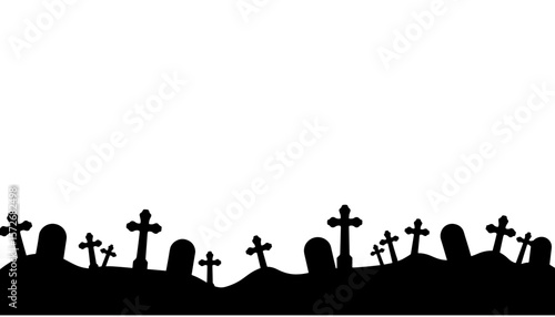 Silhouette of gravestones and crosses, Halloween eerie graveyard scene copyspace