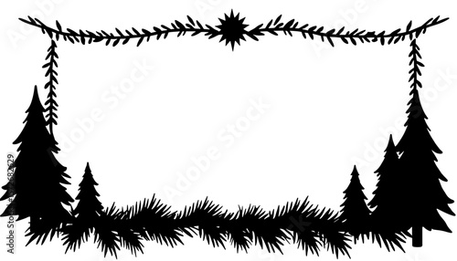 Silhouette Christmas frame with star topper and garland, festive decoration copyspace