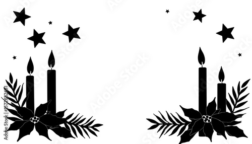 Silhouette Christmas frame with stars and candles, holiday decoration copyspace