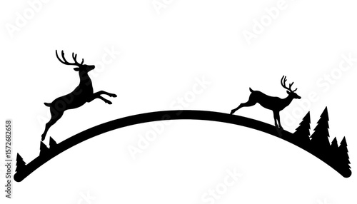 Silhouette of reindeer leaping in Christmas frame, holiday festive movement