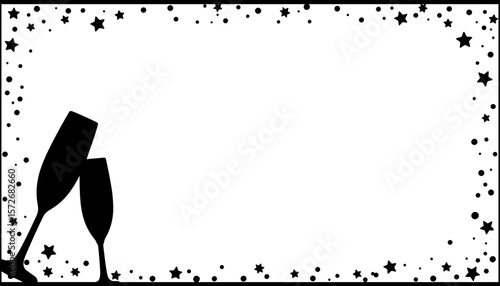 Clinking champagne glasses silhouette with starry frame, New Year celebration copyspace