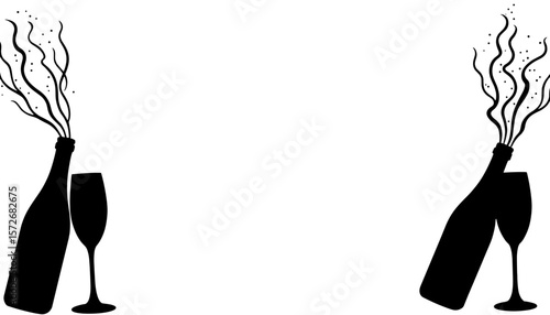 Champagne bottle splash silhouette, festive New Year celebration copyspace