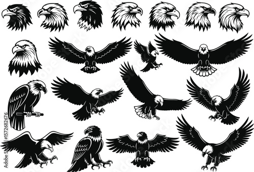 Collection of black and white stylized eagle illustrations in various poses