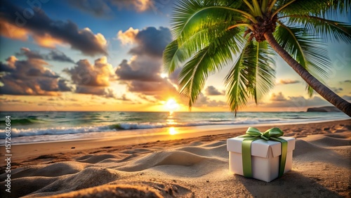 Fototapeta Naklejka Na Ścianę i Meble -  Photo of a white gift box with a green ribbon sits on a pristine sandy beach under a palm tree, as the sun sets over the tranquil ocean