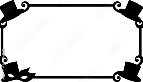 New Year frame with top hats and masks, black and white copyspace, festive masquerade