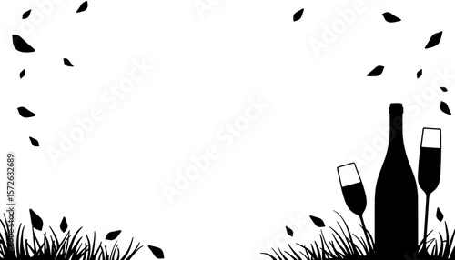 Champagne and glasses silhouette on white – New Year celebration background, copyspace